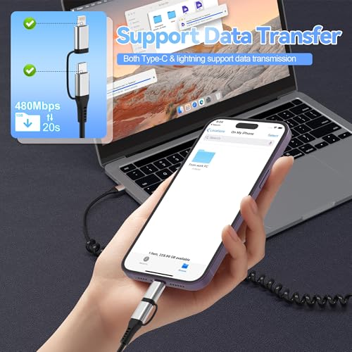 Universal Coiled USB to USB-C and Lightning Charging Cable for Car – 3 A Fast Charge & Data Sync Solution for i Phone and Android Devices – Ideal 3 Ft Length for Seamless Apple Car Play & Android Auto Integration – Durable, Tangle-Free, and Convenient Power Access in Your Vehicle – Enhance Your Driving Experience with Reliable Connectivity