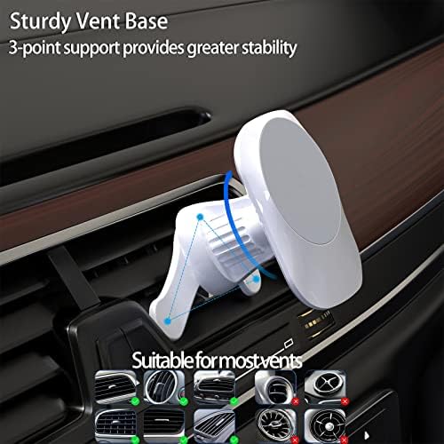 Mag Safe-Compatible Magnetic Wireless Car Charger with 15 W Fast Charging – 360° Adjustable Air Vent Holder for i Phone 12, 13, and 14 Series – Sleek White Design for Effortless Charging and Navigation – Perfect for On-the-Go Lifestyle