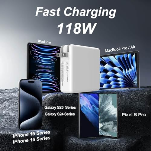 Ultra-Fast 118 W USB-C Power Adapter for Mac Book Pro & Air – High-Efficiency PD 3.0 Charger with 6.6 ft Cable, Compatible with M1-M4 Models, i Phone 16/15, and All Type-C Devices, Intelligent Safety Features for Rapid and Reliable Charging Performance