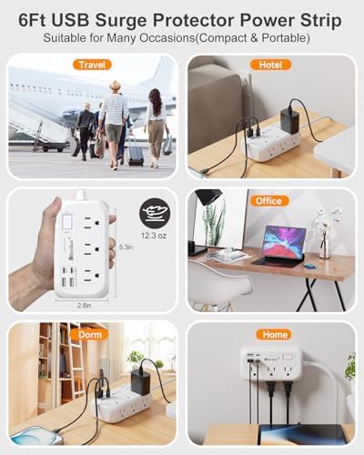 15 Ft USB Surge Protector Power Strip with 4 Fast-Charging Ports – Versatile 6-Outlet Desk Charging Station, Flat Plug & Wall Mount Design for Home Office, Dorm Room – Enhanced Durability & Convenience
