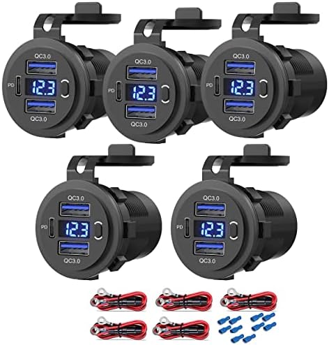 Zennova 12 V Dual USB Quick Charge 3.0 Outlet – 5 Pack Waterproof Car Charger with PD USB-C Port, Integrated Voltmeter, and Power Switch for Cars, Boats, Golf Carts, RVs, and More – Ultimate Charging Solution for All Adventures