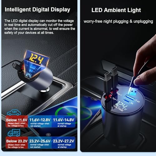 Ultimate 4-in-1 Retractable Car Charger – Fast 66 W USB C & Lightning Adapter for i Phone 15/14/13/12 Pro Max, Galaxy S24/S23, Pixel & Tablets – Compact, Durable Multi-Device Charging Solution for Road Trips and Daily Commutes