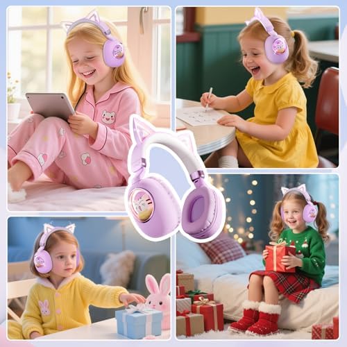 Bluetooth Cat Ear Kids Headphones – Wireless & Wired Over-Ear Noise Cancelling with Microphone, LED Lights, 85 d B Volume Limit for Safe Listening – Ideal for Travel & Home Use, Ultimate Comfort & Compatibility