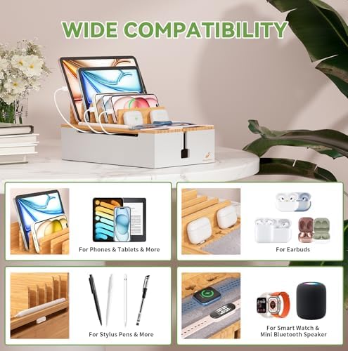 Pezin & Hulin Eco-Friendly Bamboo Charging Station – 10-Port USB Dock Organizer with 6 Cables, Enhanced Power Supply & Cable Management for Multi-Device Charging, Sleek Natural and Black Design for Homes and Offices