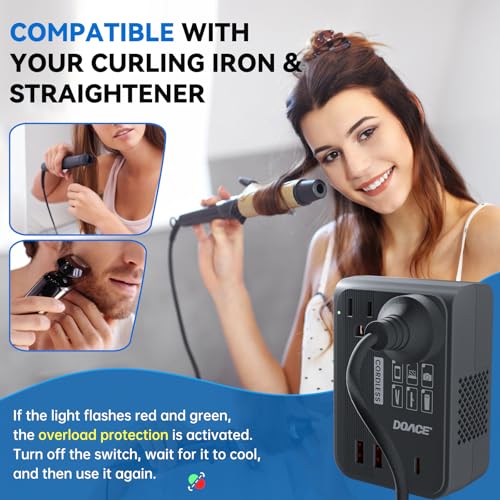 DOACE 220 V to 110 V Travel Voltage Converter: Ultimate Power Adapter with 4 USB Ports for Hair Tools – Compact, Safe, and Efficient Global Charging Solution for Beauty on the Move