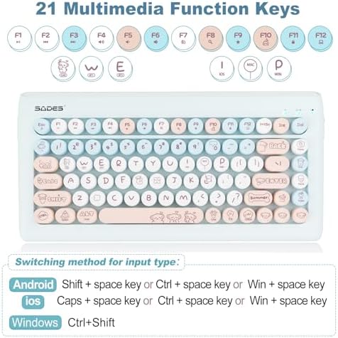 SADES Retro Wireless Bluetooth Keyboard for Mac, i Pad, i Phone, PC & Android – Multi-Device Connectivity & Portable Design with Vintage Round Keycaps – Perfect for Effortless Typing on the Go in Chic Pink