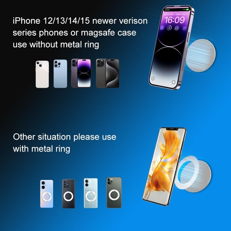Sticky Magnetic Wall Holder for iPhone Magsafe, Wall Mount, Cradle for iPhone 15/14 / 13/12, pro, Mini, Pro Max, Pack of 2, with Metal Ring use for Android Phones – Enhanced Compatibility and Speed