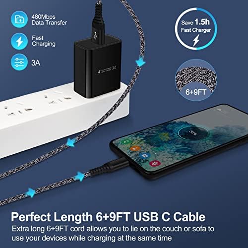 Rapid Charge Android Power Adapter with 6 FT and 9 FT Type C Cables – High-Speed 3 A Fast Charging Compatible with Samsung Galaxy S25, i Phone 16 Pro Max, and More – Compact Design with Built-in Safety Features for Ultimate Portability and Reliability