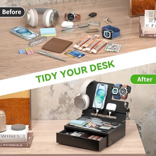 Pezin & Hulin Wooden Nightstand Organizer, Ideal Gifts for Men, Desktop Bamboo Phone Docking Station Box, with Large Drawer, Multi-Device Charging Stand, for Birthday Son Boyfriend Him -Natural – Enhanced Compatibility and Speed