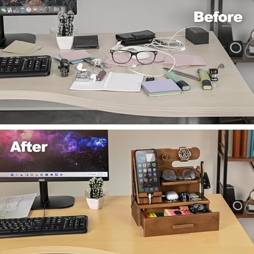 TESLYAR Wood Phone Docking Station with Drawer – Nightstand Organizer – Desk Organizer for Husband – Birthday Gifts for Men, Dad, Anniversary Idea, Key Holder Stand Watch & Accessories (Bourbon Brown) – Enhanced Compatibility and Speed