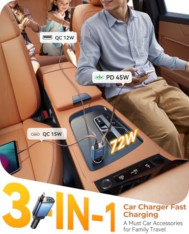 Ultra-Compact 72 W Retractable Car Charger – PD 45 W Fast Charging for i Phone 15/16, Samsung S25/S24 & Pixel – Space-Saving USB C Adapter for Convenient On-the-Go Power Solutions