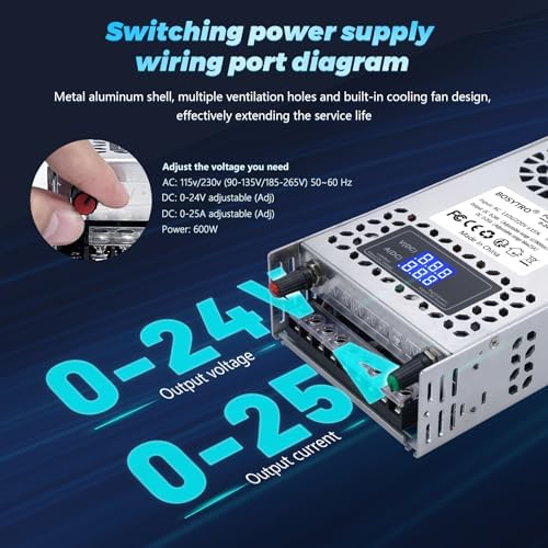 High-Performance 600 W Adjustable 24 V DC Power Supply with LED Display – Ultimate Versatile Switching Converter for 3 D Printers, CCTV Systems, and Lab Equipment – Dual Input (AC 110 V/220 V) with Multiple Output Options (5 V, 10 V, 12 V, 24 V) for Enhanced Compatibility and Efficiency
