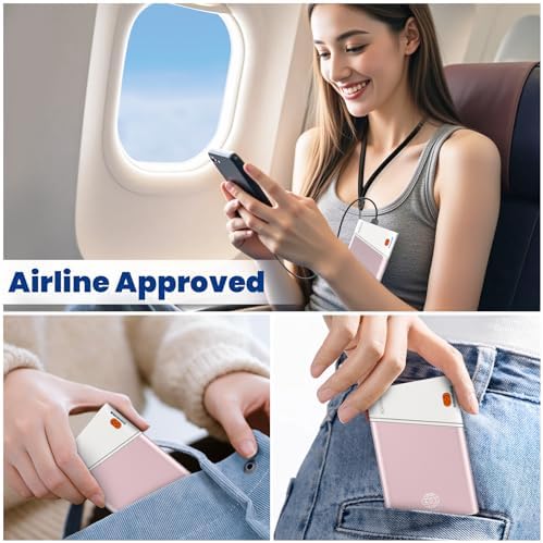 Sleek 5000 m Ah Pink Portable Power Bank with Integrated USB-C Fast Charger – Ultra-Compact Mini Battery Pack for i Phone 16/15/14 & Samsung S24 – Lightweight Design with Handy Lanyard for Effortless Travel Charging