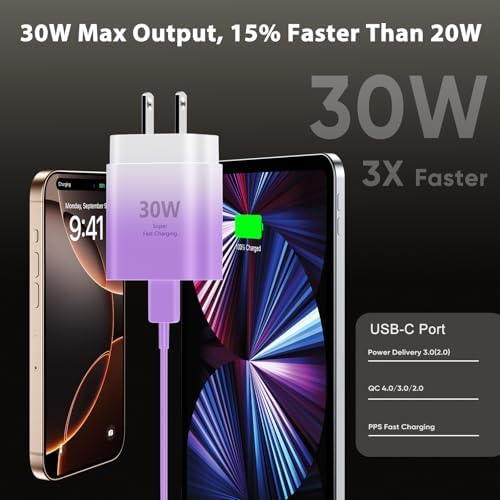 30 W Fast Charger for i Phone 15 Pro Max – 10 FT USB-C Cable & PD 3.0 Power Block | Rapid Charging for i Pad Pro/Air & Samsung S24 – Sleek Black Design for Ultimate Convenience and Durability
