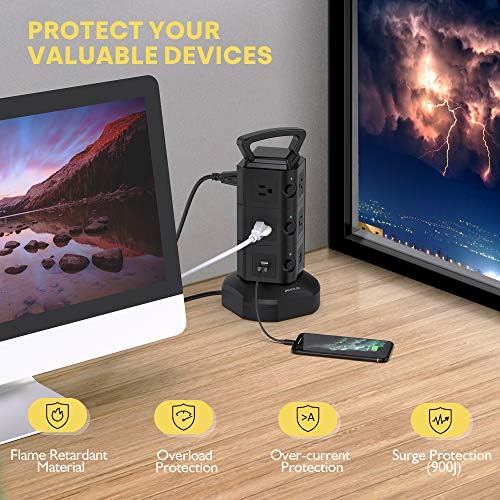 JACKYLED Power Strip Tower Surge Protector with 12 Outlets and 6 USB Ports (2 USB-C) – High-Speed Charging Station with 1050 Joules Protection, 1625 Watts, 6.5 ft Extension Cord for Enhanced Home Office Efficiency and Device Safety
