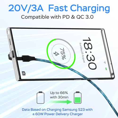 High-Speed 60 W USB C Charger Cable – 6 ft Type C with 90-Degree Flat Connector for Enhanced Space Efficiency, Compatible with Samsung S23/S22/S21, i Phone 15 Pro/Pro Max, and Mac Book Air/Pro – Optimal Data Transfer and Charging Solution