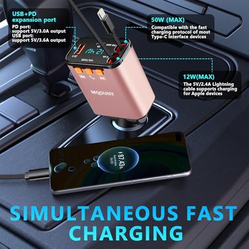 Revamp Your Drive with the 5-in-1 Retractable Car Charger: 60 W Fast Charging, Bluetooth 5.3 FM Transmitter, Hands-Free Calling & Integrated MP3 Player – Dual Retractable Cables & USB Ports for Ultimate Connectivity (Purple) – Elevate Your Mobile Experience on the Go!