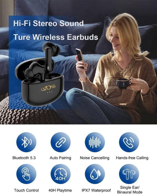 Azoss Bluetooth 5.3 Clip-On Wireless Earbuds – Advanced Active Noise Cancelling for Superior Sound Clarity, 48-Hour Battery Life, IPX7 Waterproof, Hands-Free Microphone for Seamless Communication – Ideal for Fitness, Commuting, and Leisure Activities