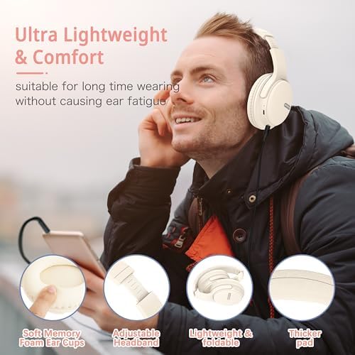 Transform Your Listening Journey with AMORNO Wireless Over-Ear Bluetooth Headphones – 68-Hour Playtime, Superior Hi-Fi Sound, and Ergonomic Foldable Design for Ultimate Portability (White) – Ideal for Music Lovers and Professionals on the Go