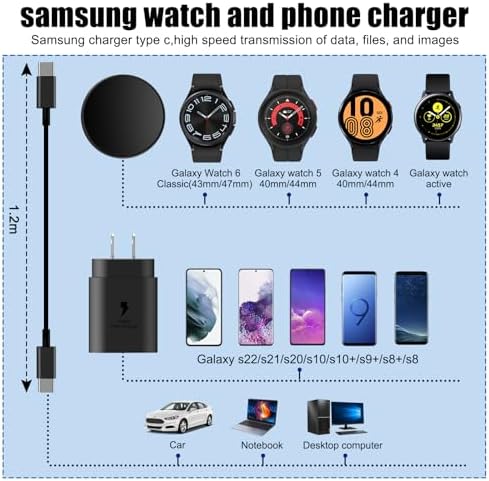 Galaxy Watch 25 W Fast Charger: Premium Split Design Charging Cable for Galaxy Watch 76/6 Classic/5 Pro/5/4/4 Classic, Galaxy S24/S23 Ultra/S22/Note/Z Flip 6 – 5 ft Durable Type-C Charging Solution for Ultimate Portability and Speed