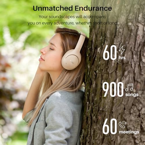 TOZO HT2 Wireless Over-Ear Headphones with Superior Active Noise Cancellation – Immerse in 60-Hour Playtime, Personalized Hi-Res Audio with Custom EQ, and Rich Deep Bass – Luxurious Khaki Design for Home, Office, and Travel Enthusiasts Seeking Unmatched Comfort and Sound Quality