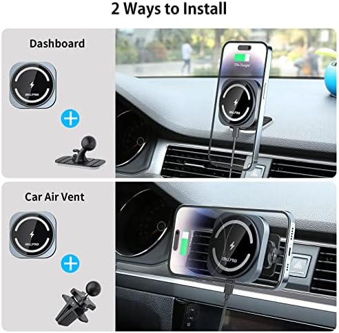 OHLPRO Mag Safe Car Charger Mount – 15 W Fast Charging Magnetic Phone Holder for i Phone 12/13/14/15/16 Series – Dashboard & Air Vent Compatibility – Effortless Device Attachment with Enhanced Stability for Optimal Driving Experience
