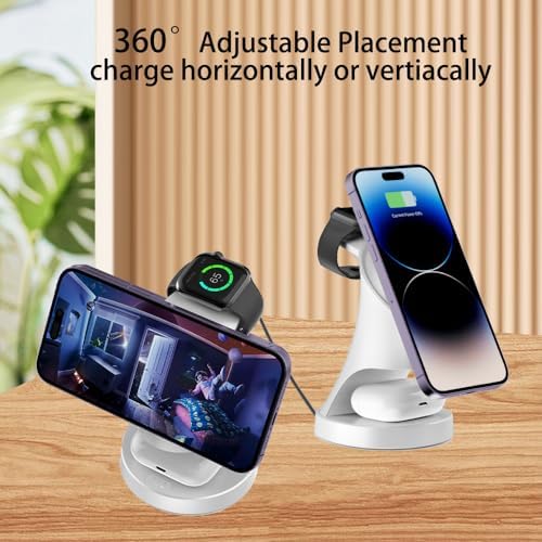 All-in-One 3-in-1 Magnetic Wireless Charging Station for Apple Devices – 18 W Fast Mag-Safe Charger Dock Compatible with i Phone 12-16, Air Pods & Apple Watch – Streamlined Design for Ultimate Convenience and Safety Features