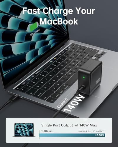 High-Performance 140 W Ga N+ Mac Book Charger – Portable USB-C Power Adapter for Mac Book Pro/Air and USB-C Devices, Fast Charging with Included Cable, Optimal Efficiency for M1-M4 & Galaxy Devices, Compact Foldable Design for Travel Convenience