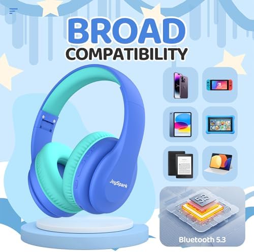 Kids Safe Sound Bluetooth Headphones – Lightweight Over-Ear Design with Volume Limiting (85/94 d B), 60-Hour Battery Life & Bluetooth 5.3, Built-in Microphone, Cozy Fit in Vibrant Blue – Ideal for Music, Audiobooks & Playtime with Enhanced Hearing Protection