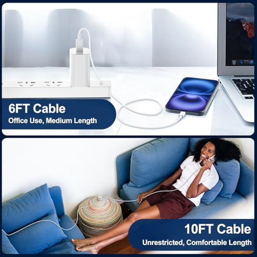 45 W Ultra-Fast USB-C Charger for i Phone 16 Pro Max & Samsung Galaxy S24 – Includes 6 FT & 10 FT Durable Charging Cables for Maximum Flexibility – Efficient Power Adapter for Home, Office, and Travel Use – Stay Charged On-the-Go