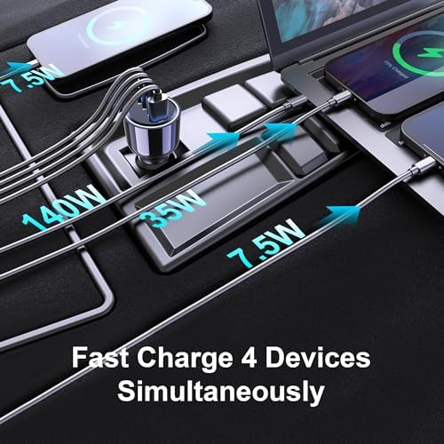 URVNS 240 W USB C Car Charger – Super Fast 4-Port PD3.1/PD3.0 Multi-Device Car Adapter for Mac Book Pro, i Phone 15/16 Max, Samsung Galaxy S24/S23, Google Pixel – Ultimate On-the-Go Charging Solution with Smart Power Distribution and Safety Features