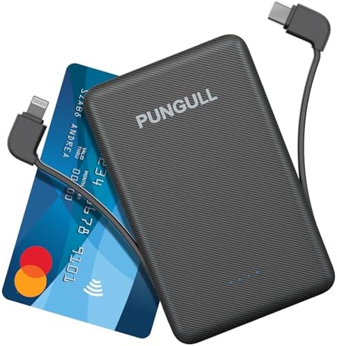 Ultra-Slim 5000 m Ah Portable Power Bank with Built-In Charging Cable – Compact and Lightweight USB-C Compatible External Battery for i Phones and Air Pods – High-Speed 5 V 2.1 A Charging for On-the-Go Convenience and Reliability