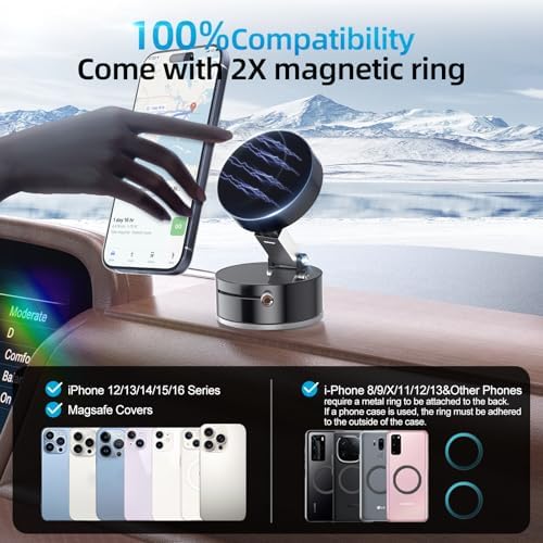FONKEN Vacuum Suction Magnetic Phone Holder, Adjustable Vacuum Car Phone Holder Foldable Vacuum Magnetic Cell Phone Stand Suction Phone Mount for iPhone 16/15/14/13/12/Gym/Shower/Car/Mirror-White – Enhanced Compatibility and Speed