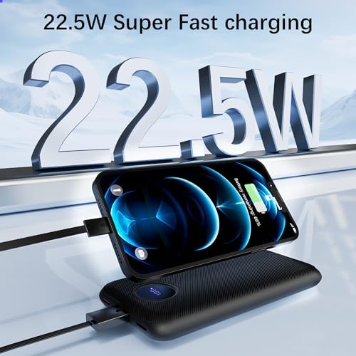 Versatile 10,000 m Ah Portable Power Bank with Integrated Cables – Ultra-Fast Charging for i Phone, Samsung Galaxy, Google Pixel, LG, and More – Compact, Travel-Friendly Design with LED Display – Multi-Device Support with Dual Inputs and 4 Outputs for Ultimate Convenience – Enhanced Safety Features for Secure Charging on the Go