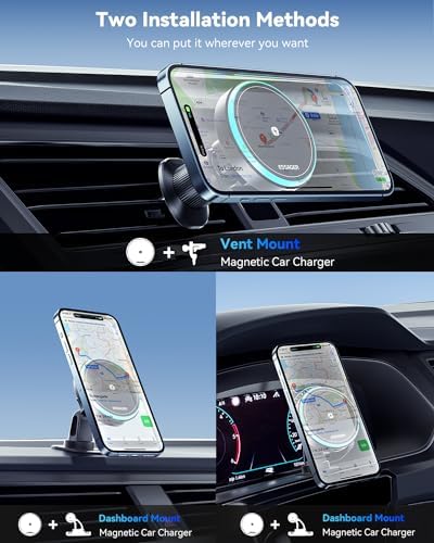 ESSAGER Mag Safe 15 W Fast Wireless Car Charger & Phone Holder – Effortless Magnetic Mount for i Phone 12 to 16 Pro Max, Air Vent & Dashboard Compatibility, Secure & Safe Charging for On-the-Go Convenience