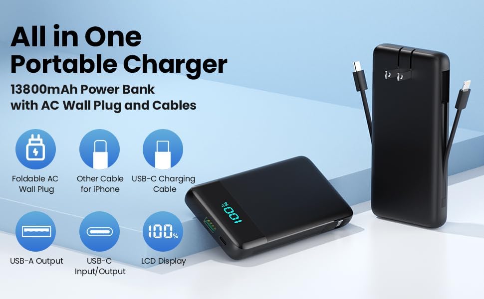 Upgrade Your Charging Experience: 13800 m Ah Portable Power Bank with Built-in Cables and Wall Plug – Fast Charging USB-C Battery Pack for i Phone 16/15/14, Samsung & Android Devices – Ultimate Travel Companion with 4 Outputs for Simultaneous Device Charging