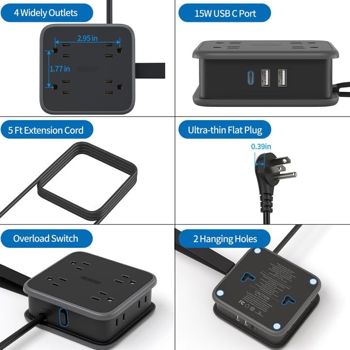 NTONPOWER 8-Outlet Flat Plug Power Strip with 45 W USB-C Fast Charging Port – Compact Multi-Device Extender with 5 ft Cord, Ideal for Home and Travel, Compatible with i Phone, Mac Book Pro, Tablets, and Samsung – Smart Design for Organized Charging Solutions