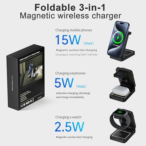Compact 3-in-1 Foldable Wireless Charger for i Phone, Apple Watch & Air Pods Pro – 15 W Mag Safe Travel Charging Station in Sleek Black – Ultimate Portability & Intelligent Device Protection for i Phone 16-12 Compatibility