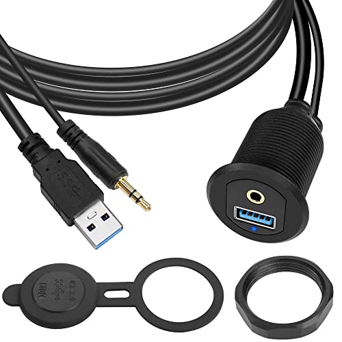 QIANRENON 2 M Waterproof USB3.0 & 3.5 mm Audio Extension Cable – 5 Gbps High-Speed Dashboard Mount for Cars, Boats, and Motorbikes – Durable Aluminum Housing with LED Indicator – Clear Sound & Enhanced Compatibility for All Devices