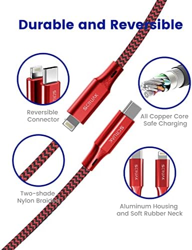 16 Ft Extra Long i Phone Charger Cable – 2-Pack MFi Certified Fast Charging USB-C to Lightning Cords with Durable Nylon Braided Design for i Phone 14/14 Pro/14 Pro Max/13/12, i Pad & Air Pods – Unmatched Flexibility & Reliability in Red