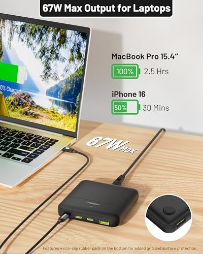 67 W 4-Port Ga N USB-C Power Hub – Ultra-Fast Charging Station for Mac Book Pro/Air, i Phone 16/15, i Pad, Samsung Galaxy S25/S24 Ultra, and Steam Deck – Streamlined Multi-Device Charging for Home and Travel Efficiency