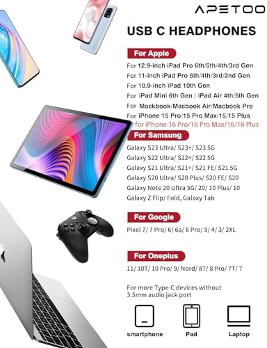 USB C Headphones for i Pad Pro & i Phone 16 – Hi-Fi Stereo Wired Earbuds with Microphone & Volume Control – Ultimate Compatibility for Samsung Galaxy S24, Pixel 9, One Plus 9 – Premium Noise Reduction Technology for Crisp Audio Clarity – Lightweight & Durable Design for Everyday Use