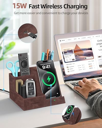 Elevate Your Workspace: Multifunctional Wireless Charger & Desk Organizer with 3 Compartments and Phone Stand – PU Black – Fast Charging & Stylish Office Essential for Maximum Productivity and Organization