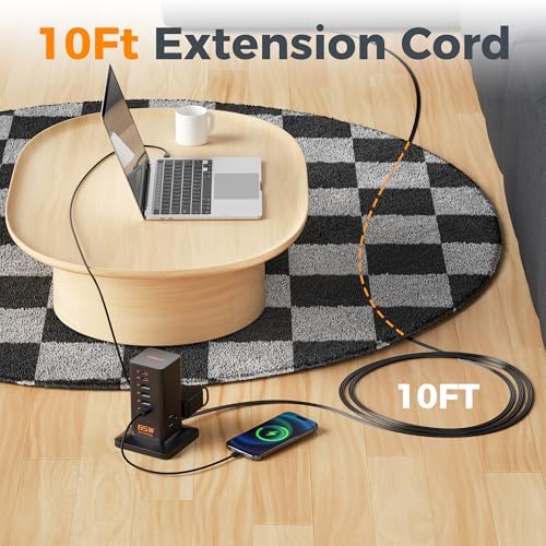 TESSAN 30 W 9-in-1 Multi-Device Charging Station with Surge Protection – Ultimate Charger Block for i Phone 16/15/14/13, Tablets, and Earphones – 5 ft Flat Extension Cord with 4 USB A & 2 USB C Ports – Compact Design for Home, Office, or Dorm – Enhanced Safety and Efficiency
