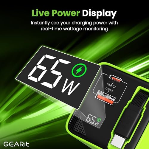 GEARit 65 W Ga N USB-C Charger with Retractable 31.5″ Cable – Dual USB-A & C Ports for Fast Charging of i Phone 15/16, Mac Book Pro/Air, i Pad Pro & Samsung S25 Ultra – Compact, Foldable Design with Power Display for Ultimate Portability and Compatibility