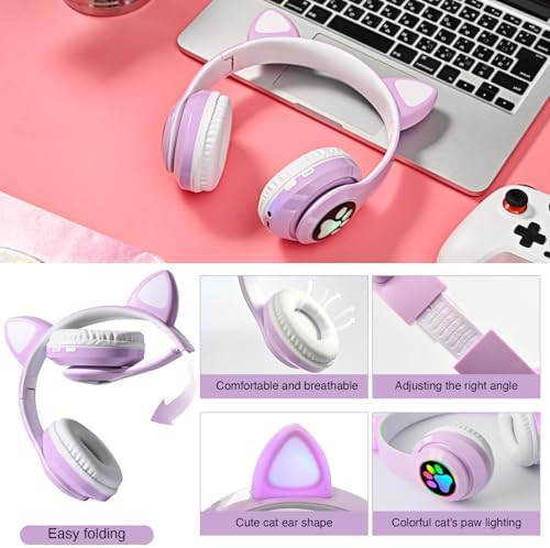 Playful Cat Ear Bluetooth Headphones for Kids – Foldable Over-Ear Design with LED Lights, Safe Listening Volume Control, Built-in Microphone, and Multi-Device Connectivity – Ideal for Music, Movies, and Gaming on i Phones, i Pads, Smartphones, and More!