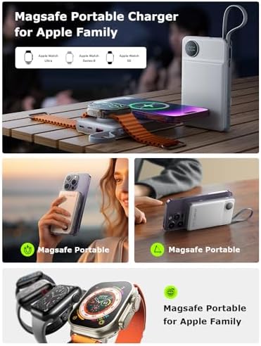 LISEN Mag Safe Wireless Power Bank – 10,000 m Ah Fast Charging Portable Charger for i Phone 16, 15, 14 Pro Plus & Apple Watch – Sleek Design with Built-in Cable, 22.5 W Rapid Charging, Enhanced Compatibility for Seamless On-the-Go Power Solutions
