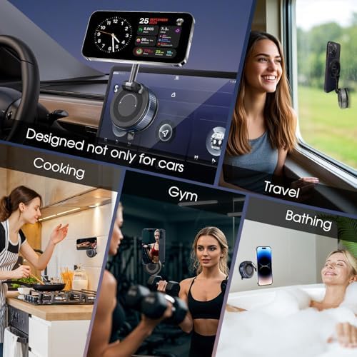 360° Rotatable Vacuum Magnetic Phone Holder, Foldable and Retractable Suction Cup Car Phone Mount for Car/Gym/Mirror/Smooth Surface, Compatible with iPhone Android and All Smartphones (Black) – Enhanced Compatibility and Speed