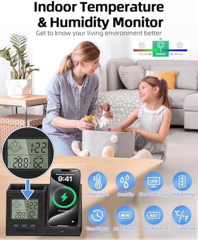 Multi-Functional Desk Organizer with Wireless Charging, Digital Thermometer & Humidity Monitor – Stylish Brown Pen Holder for Home Office Efficiency and Clutter-Free Workspace