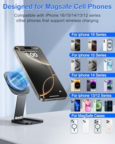 Dual Magnetic Phone Stand for Desk,Adjustable Aluminium Phone Holder for MagSafe,Foldable and Portable Cell Phone Mount for Gym and Travel,Compatible with iPhone 16/15/14/13/12 (Grey) – Enhanced Compatibility and Speed